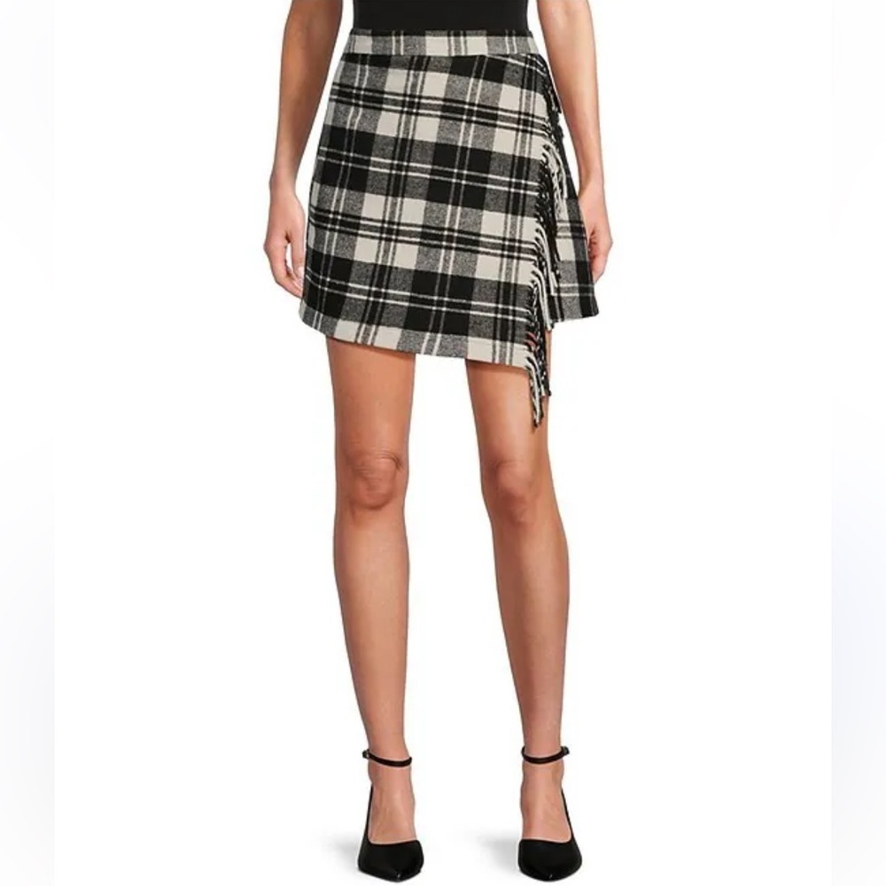 Antonio Melani Georgie Brushed Plaid Fringe Wrap Front Mini A-Line Skirt Size 10